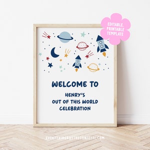 Out Of This World Birthday Party Sign Template, Two the Moon Birthday Printable Party Sign, Space Themed Birthday Party Printables Sign