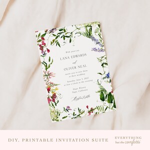 May include: A white wedding invitation with a floral border. The invitation reads "With great joy Lana Edwards and Oliver Neal invite you to join them at their wedding Saturday, June 5, 2022 at five o'clock in the evening Hope Winery Napa, California."