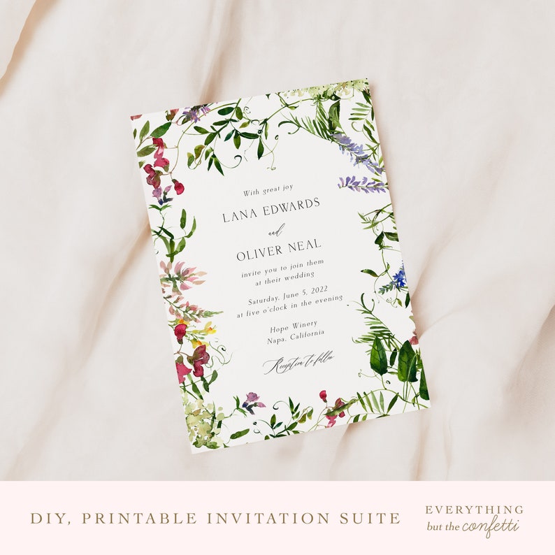 May include: A white wedding invitation with a floral border. The invitation reads "With great joy Lana Edwards and Oliver Neal invite you to join them at their wedding Saturday, June 5, 2022 at five o'clock in the evening Hope Winery Napa, California."
