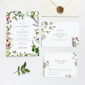 May include: Wedding invitation suite with floral designs. The main invitation features a watercolour illustration of a floral border with the text "With great joy Lana Edwards and Oliver Neal invite you to join them at their wedding Saturday, June 5, 2022 at five o'clock in the evening Hope Winery Napa, California  Rugsten to Alla". The details card features the text "DETAILS For more information including directions, accommodations and to RSVP online please visit www.lanaandoliverwedding.com". The RSVP card features the text "KINDLY REPLY by [date] M Joyfully accepts Regretfully declines".