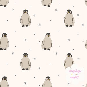 May include: A repeating pattern of cartoon penguins in shades of gray and black on a cream background. The penguins are interspersed with small gray snowflakes and dots. The text "everything but the confetti" is in a cloud-shaped design.