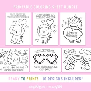 Printable Valentine&#39;s Day Coloring Sheets, Coloring Pages Bundle for Kids, Classroom Printables Valentines Day, Coloring Sheets for Kids