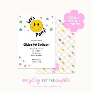 May include: Editable printable birthday party invitation template with a cheerful yellow smiley face and the text "Let's Party!"  Join us to celebrate Olivia's 9th Birthday!  Saturday, August 5th, 1:00 to 4:00 PM, 123 Party Way, Denver, CO 80004. RSVP to Rachel (123)456-7890.