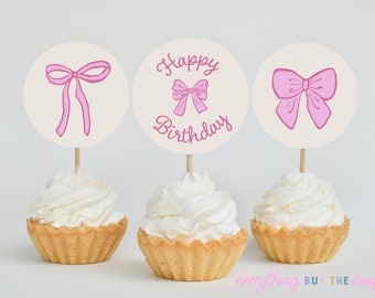 Strikken thema cupcake toppers, afdrukbare cupcake toppers met strikken, girly verjaardagsfeestje decor, DIY verjaardagstaart topper strikken linten roze meisje