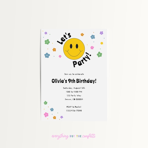 Smiley Faces Editable Printable Invitation Template, Kids Party Invitation Template, Smileys Birthday Party Invitation Template, DIY Invites