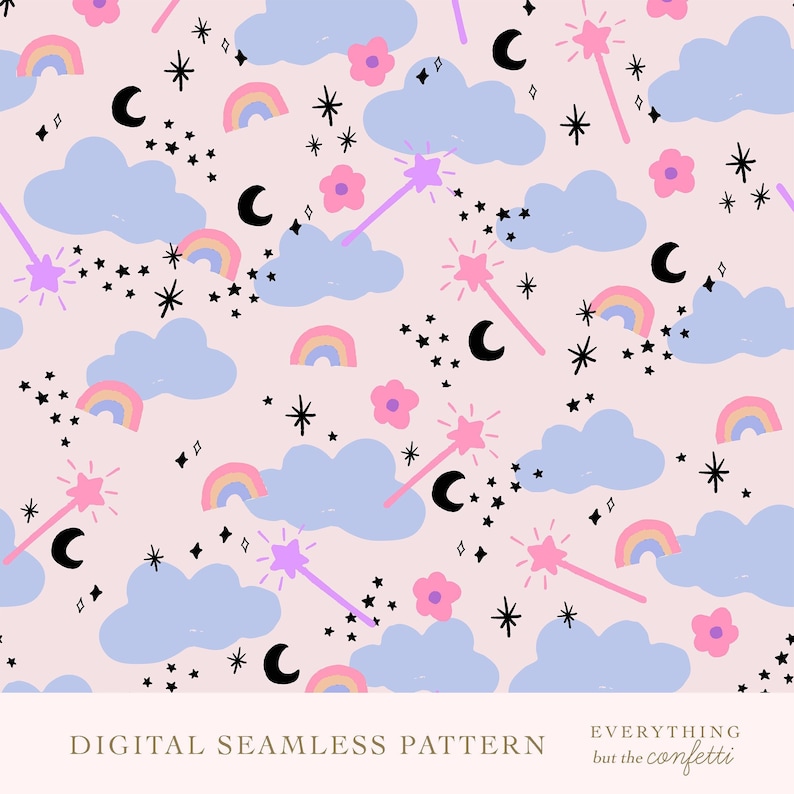 May include: A seamless pattern featuring pastel pink, blue, and yellow clouds, rainbows, stars, crescent moons, and pink magic wands with stars on the ends. The background is a light pink color.