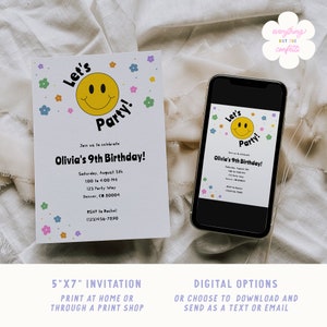 May include: A 5x7 inch invitation for a 9th birthday party. The invitation features a smiling yellow face with the text "Let's Party!" and colorful flowers. The invitation includes the party details, including the date, time, location, and RSVP information.