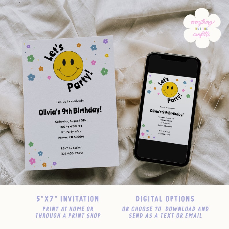 May include: A 5x7 inch invitation for a 9th birthday party. The invitation features a smiling yellow face with the text "Let's Party!" and colorful flowers. The invitation includes the party details, including the date, time, location, and RSVP information.