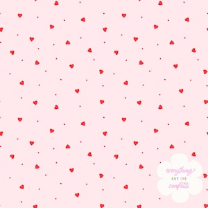 Könnte beinhalten: Ein rosa Hintergrund mit einem sich wiederholenden Muster aus roten Herzen und kleinen roten Punkten. Der Text "everything BUT THE confetti" ist in einer weißen Wolke mit einem Regenbogenrand geschrieben.