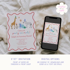 May include: A 5x7 inch invitation for a birthday party with a jungle animal theme. The invitation features a giraffe, zebra, and penguin wearing party hats. The text on the invitation reads "Calling all party animals! Ralph is turning three!" with details about the party date, time, location, and RSVP information.