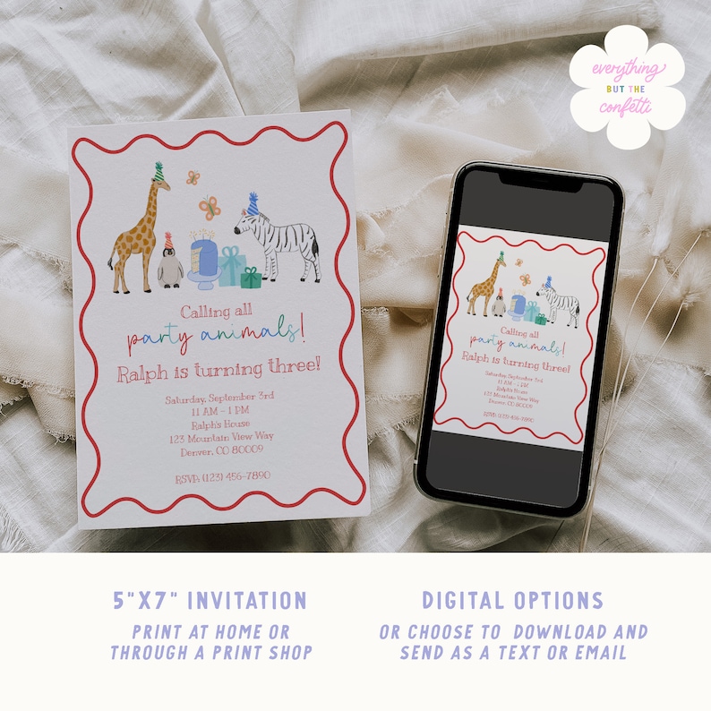 May include: A 5x7 inch invitation for a birthday party with a jungle animal theme. The invitation features a giraffe, zebra, and penguin wearing party hats. The text on the invitation reads "Calling all party animals! Ralph is turning three!" with details about the party date, time, location, and RSVP information.