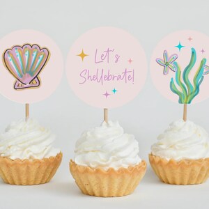 Utskrivbara magiska skalbrationsmuffinsdekorationer, muffinsdekorationer för sjöjungfrufest under havet, utskrivbara DIY-muffinsdekorationer med snäckor
