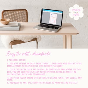 May include: A laptop computer displaying a colourful printable design template with the text "Celebrate" on a white background. The text "Easy to edit + download!" is written in pink below the laptop. The text "everything BUT THE confetti" is written in pink in a speech bubble.