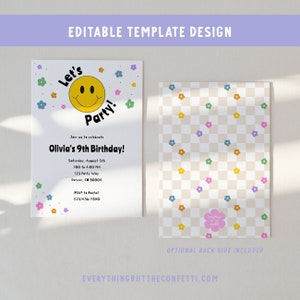 May include: Editable template design for a 9th birthday party invitation. The invitation features a yellow smiley face with the text "Let's Party!" and a checkered background with colorful flowers. The text includes the date, time, location, and RSVP information.