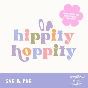 Może przedstawiać: Kolorowy projekt graficzny z tekstem "hippity hoppity" w zabawnym kroju pisma. Projekt zawiera uszy królicze i idealnie nadaje się do ozdób i rękodzieła wielkanocnego.