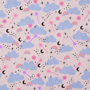May include: A seamless pattern featuring pastel blue clouds, pink flowers, rainbow arcs, crescent moons, and purple magic wands on a light pink background. The pattern is filled with small black stars.