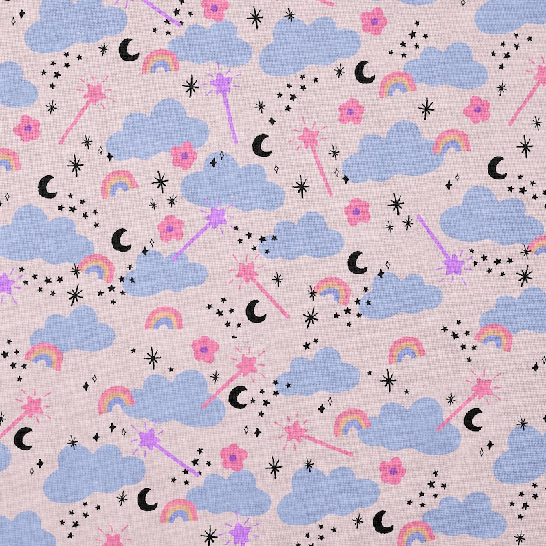 May include: A seamless pattern featuring pastel blue clouds, pink flowers, rainbow arcs, crescent moons, and purple magic wands on a light pink background. The pattern is filled with small black stars.