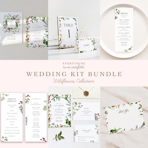 May include: A wedding invitation suite with a floral design featuring a white background with green leaves and pink flowers. The suite includes an invitation, RSVP card, details card, and thank you card. The text on the invitation reads "Lana Edwards and Oliver Neal".