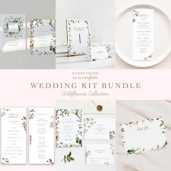 Wildflowers Wedding Templates Kit Bundle, Wedding Printables Bundle, Wedding Invitations Bundle, Wedding Templates Bundle, Templates Kit