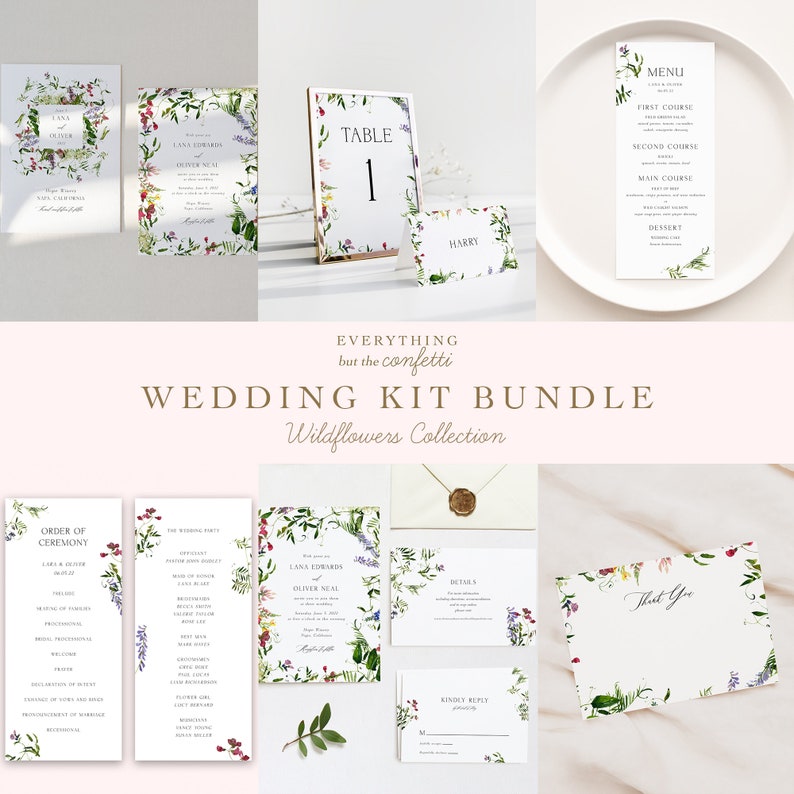 May include: A wedding invitation suite with a floral design featuring a white background with green leaves and pink flowers. The suite includes an invitation, RSVP card, details card, and thank you card. The text on the invitation reads "Lana Edwards and Oliver Neal".