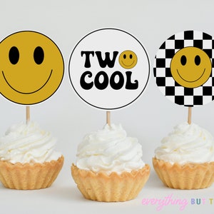 Two Cool Birthday Cupcake Toppers, Two Cool Birthday Cake Topper Printable, Smiley Face Birthday Decor Cupcake Second Birthday DIY Toppers