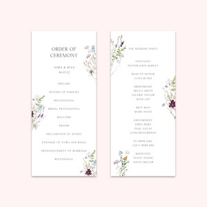 Op de afbeelding: Een volgorde van de huwelijksceremonie met bloemillustraties. De volgorde van de ceremonie omvat het voorspel, het plaatsnemen van de families, de processie, de bruidsprocessie, de verwelkoming, het gebed, de verklaring van de intentie, de uitwisseling van geloften en ringen, de aankondiging van het huwelijk en de uittocht. De huwelijksvoltrekking omvat de ambtenaar, de bruidsmeisjes, de bruidsmeisjes, de getuige, de getuigen, het bloemenmeisje en de muzikanten.