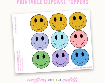 Smiley face cupcake toppers, afdrukbare cupcake toppers met smileygezichten, blije gezichten verjaardagsfeestje decor, DIY smileys verjaardagstaart topper