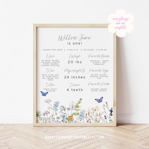 Onze kleine wilde bloem eerste verjaardag mijlpaalbordsjabloon, bewerkbare mijlpaalgrafiek, afdrukbaar mijlpaalbord 1e verjaardag, DIY-verjaardag