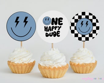 One Happy Dude Cupcake Toppers, One Happy Dude Birthday Cake Topper Printable, Smiley Face Birthday Decor Cupcake First Birthday DIY Toppers