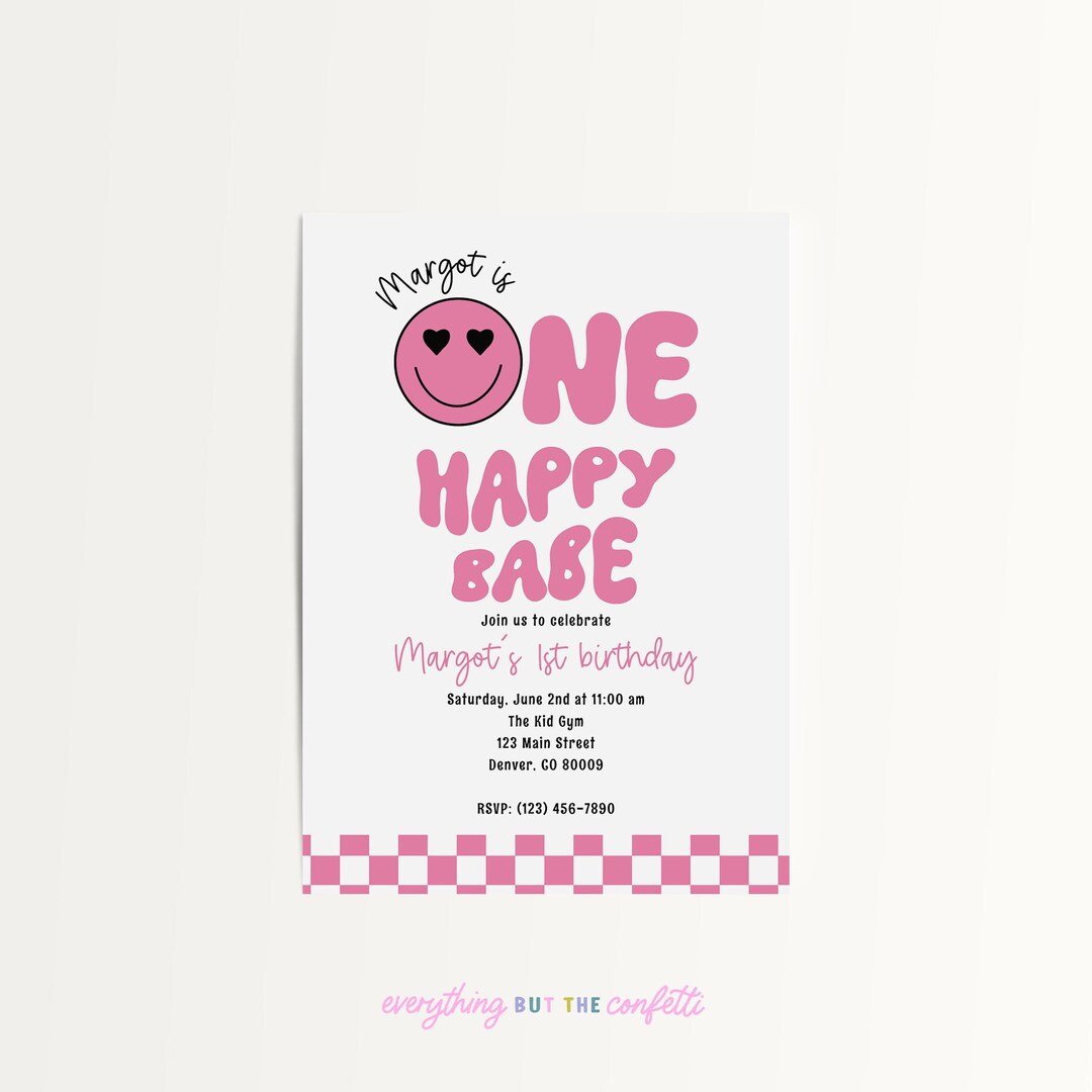 Printable One Happy Babe First Birthday Invitation Template, Smiley ...