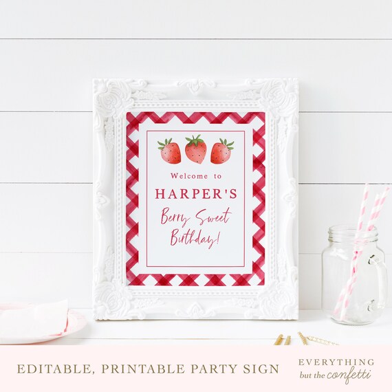 Berry Sweet Party Sign Template Editable Printable Birthday | Etsy