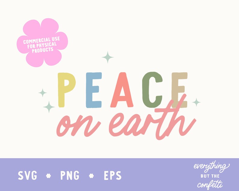 Puede incluir: Un dise&ntilde;o gr&aacute;fico colorido con el texto "PEACE on earth" en una paleta de colores pastel. El dise&ntilde;o incluye estrellas y una flor.