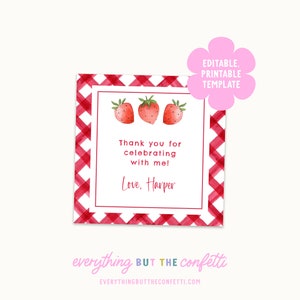 Berry Sweet Party Tags Template, Editable, Printable, Party Favor Tags for Kids, Strawberry Party Square Tags, Kids Party Printables DIY Tag