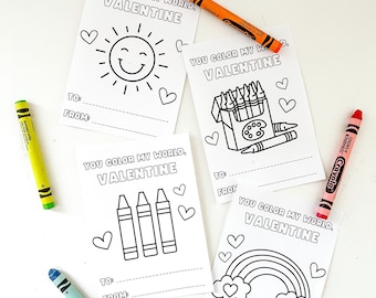 Printable Color My World Valentine Coloring Cards, Classroom Crayon Valentine Cards, Kid Valentine Card, Printable Coloring Valentine Cards