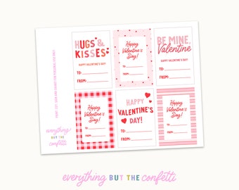 Op de afbeelding: Printbare Valentijnsdag-cadeautjes met verschillende ontwerpen. De labels hebben rode en roze harten, strepen en ruitjespatronen. De tekst op de labels is "Hugs & Kisses", "Happy Valentine's Day" en "Be Mine, Valentine".