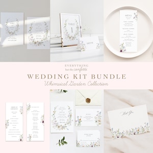 Op de afbeelding: Een huwelijksuitnodigingsset met een grillig tuinthema. De uitnodiging heeft een krans van aquarelbloemen en groen. De set bevat een RSVP-kaart, een kaart met details en een bedankkaart.
