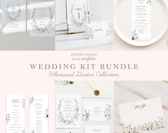 Kit de casamento Whimsical Garden, imprimíveis de casamento com flores silvestres, pacote de convites de casamento, pacote de modelos de casamento, kit de modelos