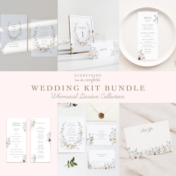 Whimsical Garden Wedding Kit Bundle, Wildflowers Wedding Printables, Wedding Invitations Bundle, Wedding Templates Bundle, Templates Kit