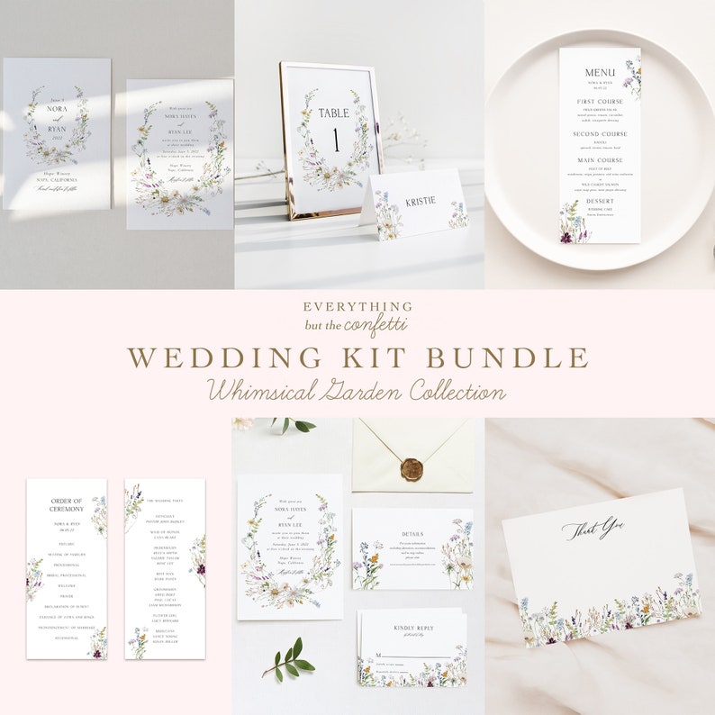 Op de afbeelding: Een huwelijksuitnodigingsset met een grillig tuinthema. De uitnodiging heeft een krans van aquarelbloemen en groen. De set bevat een RSVP-kaart, een kaart met details en een bedankkaart.