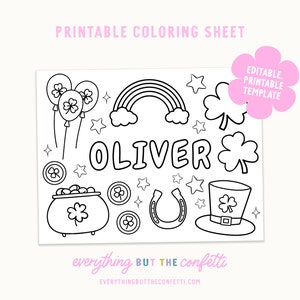 May include: A black and white printable coloring sheet featuring a rainbow, shamrocks, a pot of gold, a horseshoe, a leprechaun hat, and the name Oliver. The sheet is designed for kids to color in.