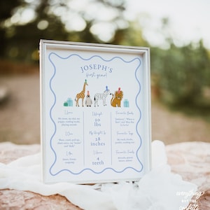 May include: A framed print with a blue border and the text "Joseph's first year!" includes illustrated animals wearing party hats. The print lists the child's weight as 20 lbs and height as 28 inches.