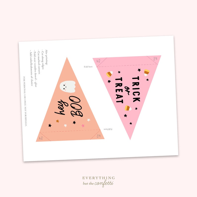 May include: Printable Halloween party favor bags with pink and orange triangle designs. The bags feature the text "Trick or Treat" and "Boo Hey" with a ghost illustration.