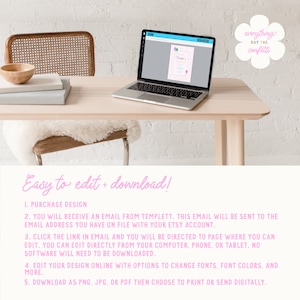May include: A laptop displays a customizable invitation design with balloons and confetti. The text "Easy to edit + download!" is visible, along with instructions for editing and downloading the design. A wooden desk, chair, and decorative bowl are also in the image.