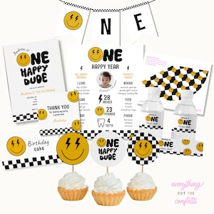 ハッピーデュードの誕生日パーティーの印刷可能なバンドル、1歳の誕生日の印刷可能なパーティーのバンドル、スマイリーフェイスの1歳の誕生日のテンプレートキットのバンドル