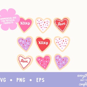 May include: Nine heart-shaped cookies with pink, red, and white frosting. Some cookies have the words "XOXO" and "Love" written on them. All cookies have pink and white sprinkles.