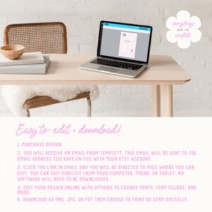 May include: A laptop computer displaying a colorful printable design template with the text "Celebrate" and confetti. The text "Easy to edit + download!" is displayed below the laptop. The text "everything BUT THE confetti" is written in a pink circle above the laptop.