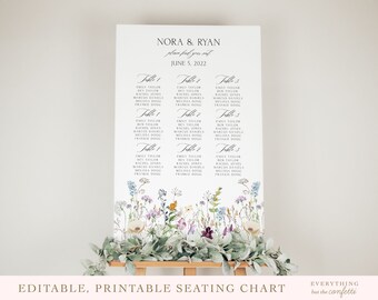 Grillige tuin bruiloft zitplaatsen grafieksjabloon, bewerkbare zitplaatsen grafiek, Wildflower teken, zitplaatsen grafiek DIY, Instant Download, bruiloft Kit