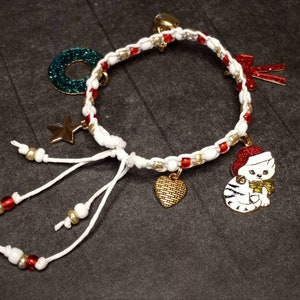 Womens Adjustable Christmas White Hemp Macrame Bracelet Beaded with Glass Beads Featuring Heart, Cat, Bow, Jingle Bell, Wreath & Star Charms