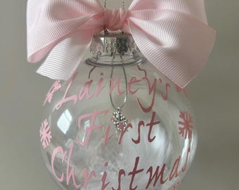 Babys 1st First Christmas Bauble Gift. Personalised Name 2025 Hanging snowflake charm inside. Available in any colours. 1st Xmas Newborn
