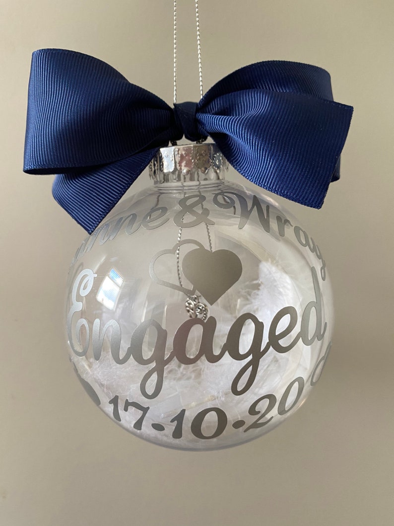 Engagement Gift Personalised Engaged Tree ornament Hanging Heart Charm personalised names & engagement date. Christmas 2023 image 4